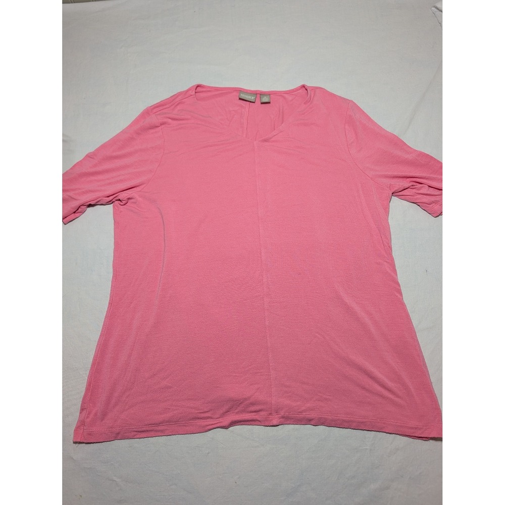 Chicos Pink V-Neck Short Sleeve Seam Front Knit Top Size 2 L